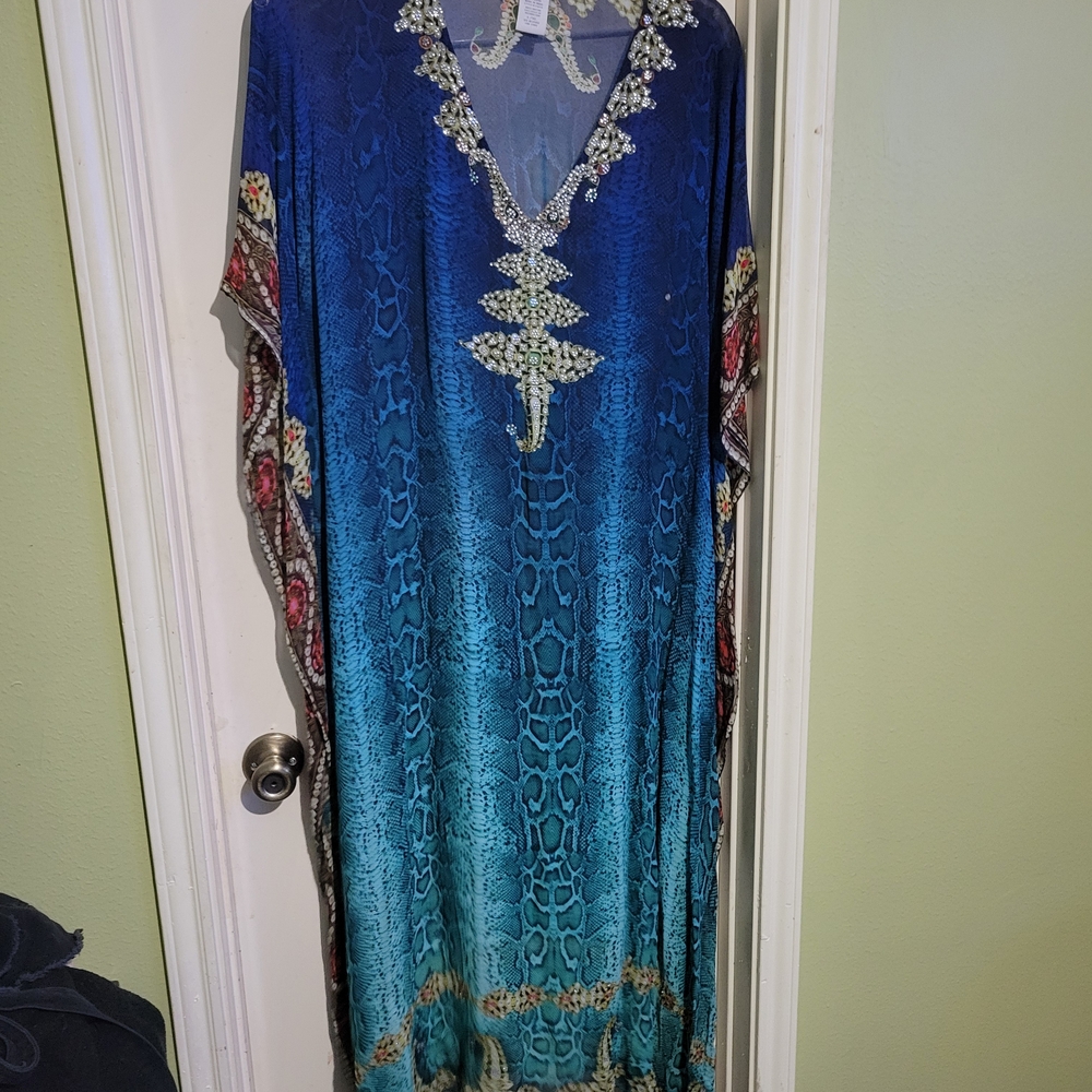 Rare Soft Surroundings Caftan Morning Dress Animal Print Jewels Lightweight L/XL